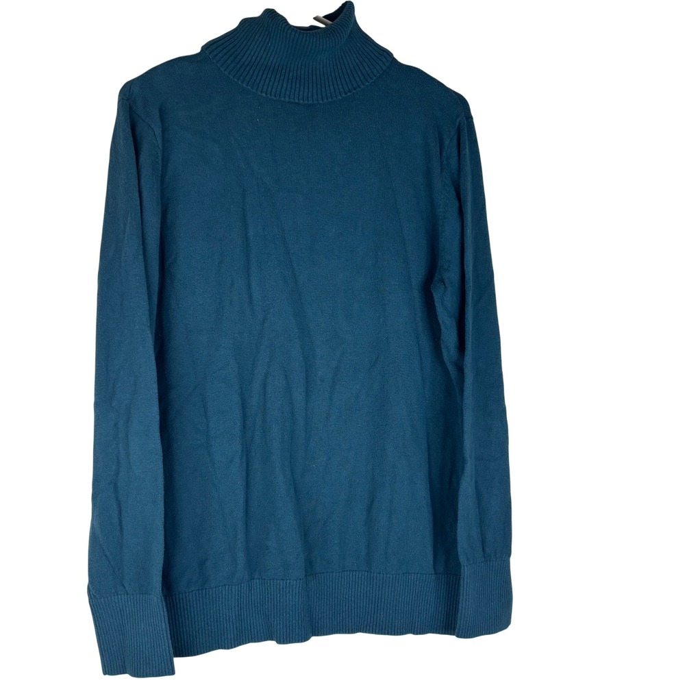 LL Bean Turtleneck Sweater Womens L Teal Blue Cotton Cashmere Knit Pullover